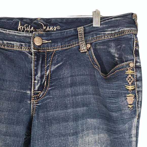 Arya Jeans Embroidered Flap Pockets 90s Y2K Flared Stretch Mid Rise Denim 35X32 - Picture 5 of 12